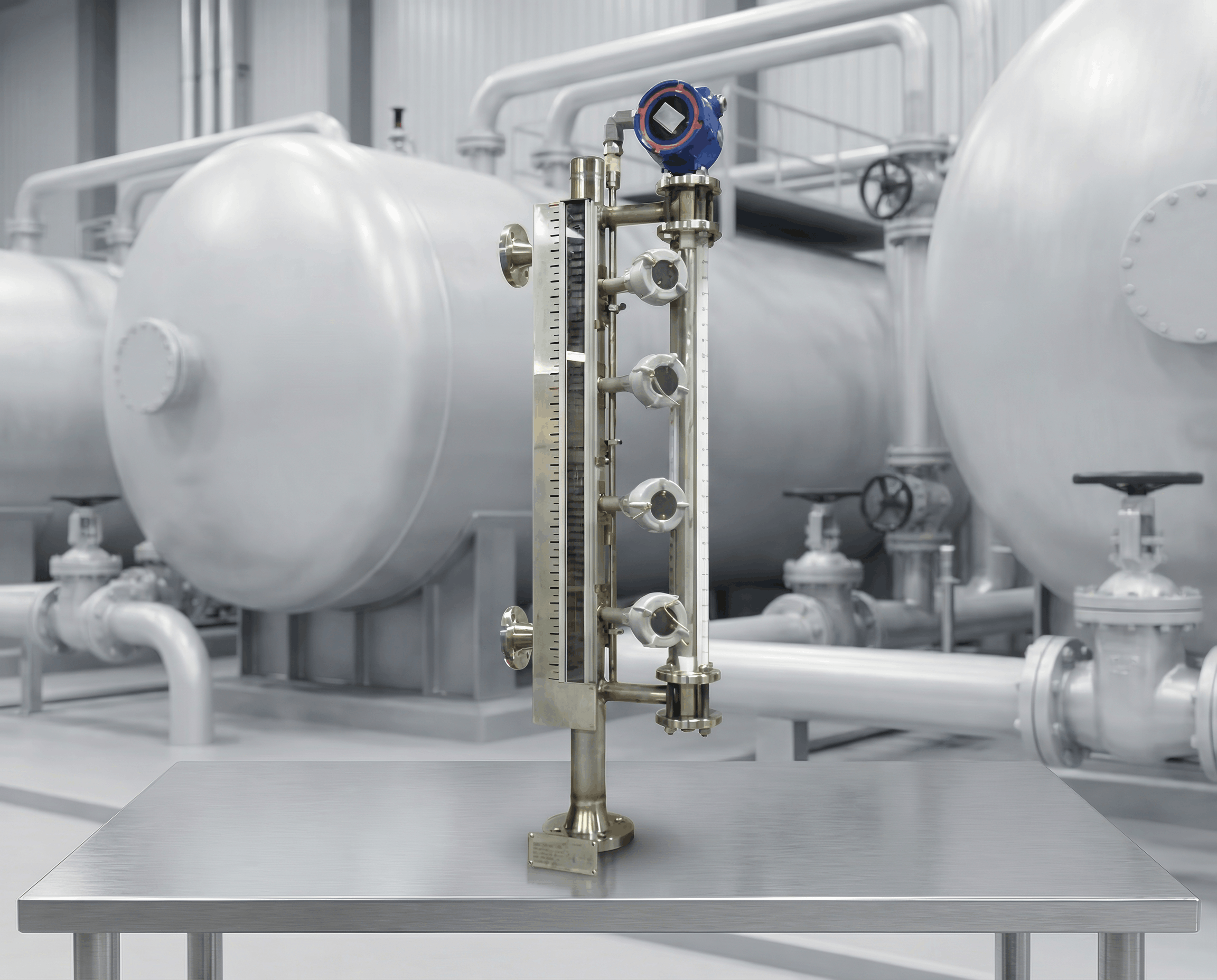 Indicador de nivel magnético certificado PED con cámara bypass y pantalla de banderas bicolor para medición de nivel en recipientes industriales